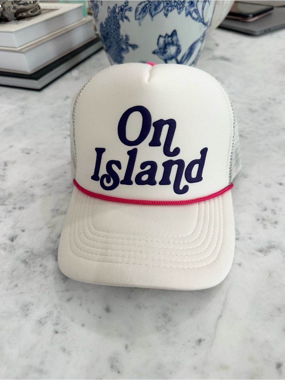 Island White Retro Trucker Hat with Pink Trim